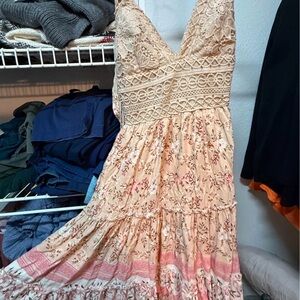 Peach Floral Lace-Trim Maxi Dress